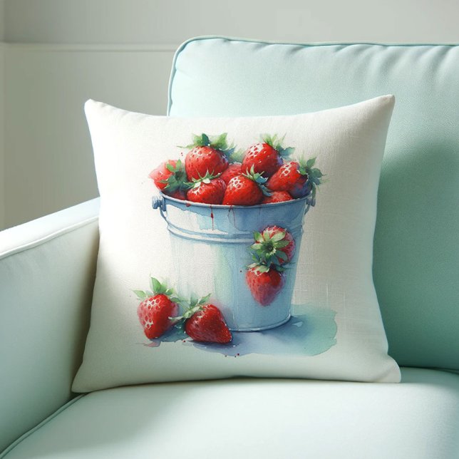 Erdbeere Bauernhof Dekorieren Kissen (Farmhouse style throw pillow features watercolor strawberries in a tin pint. )