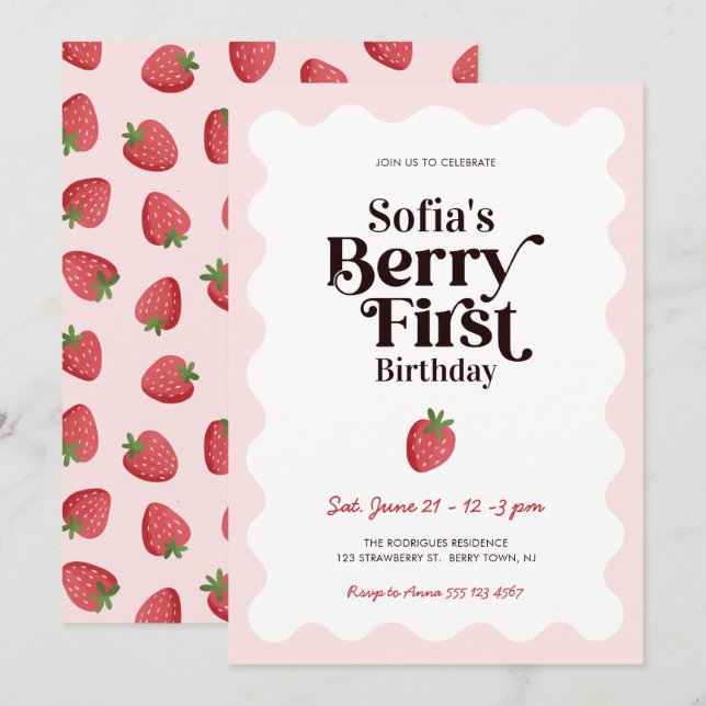 Erdbeere Berry Erste 1. Geburtstag Einladung (Vorne/Hinten)