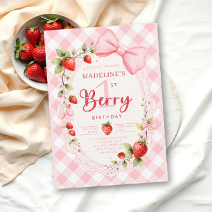 Erdbeere Berry First Gingham Spitze 1. Geburtstag Einladung