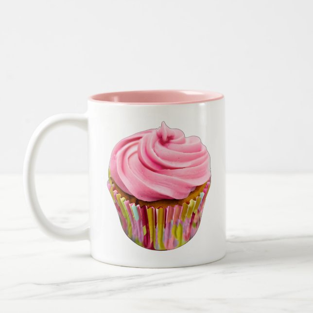 Erdbeere Cupcake mit rosa Zuckerguss Zweifarbige Tasse (Links)