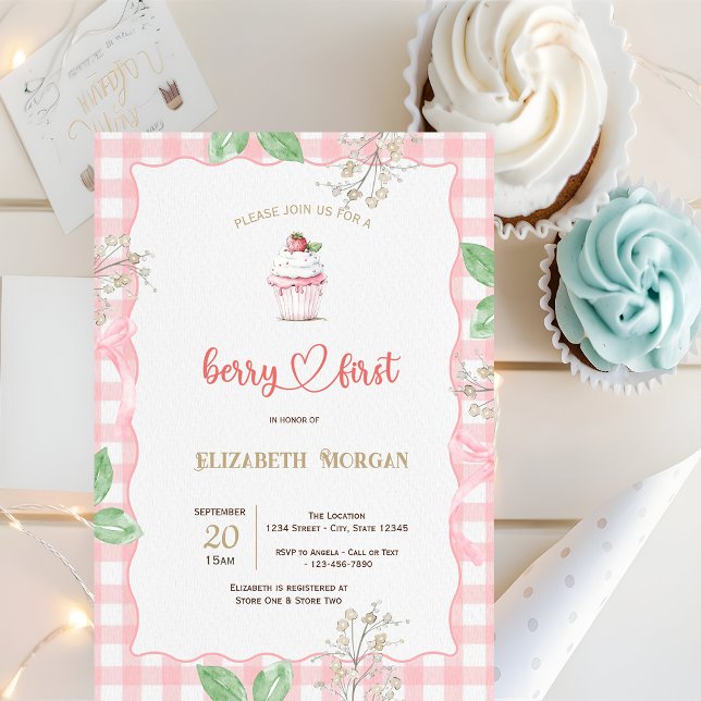 Erdbeere Cupcake Rahmen Karierte Babydusche Einladung (Von Creator hochgeladen)