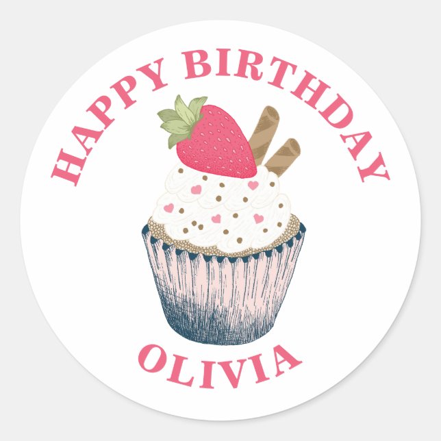 Erdbeere Cupcake Sticker - Rosa Herzsprinklen (Vorderseite)