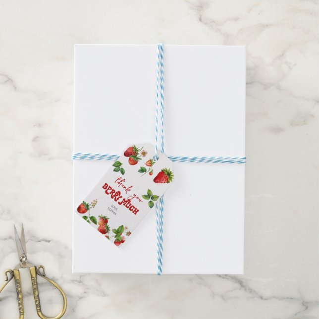 Erdbeere | Erster Geburtstag | Danke, Geburtstag Geschenkanhänger (Mit Garn)