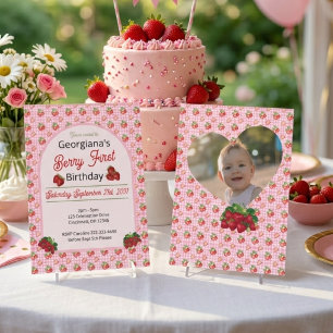 Erdbeere erster Geburtstag Pink Gingham Erdbeere F Einladung