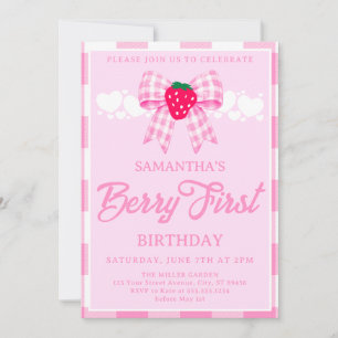 Erdbeere Erster Geburtstag Rosa Gingham-Schleife Einladung