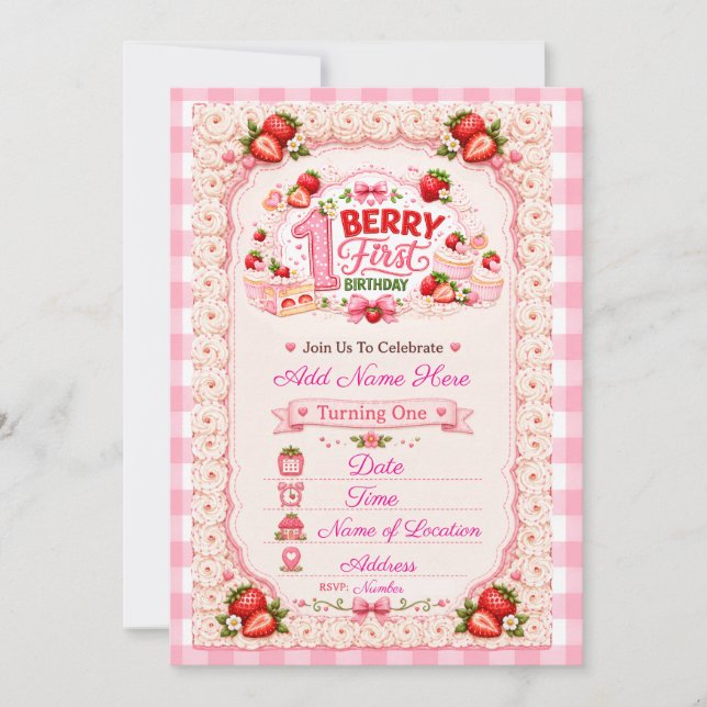 Erdbeere erster Geburtstag Strawberry Shortcake Einladung (Vorderseite)