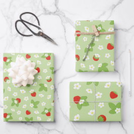 Erdbeere Frucht Blumengrün Muster Geschenkpapier Set