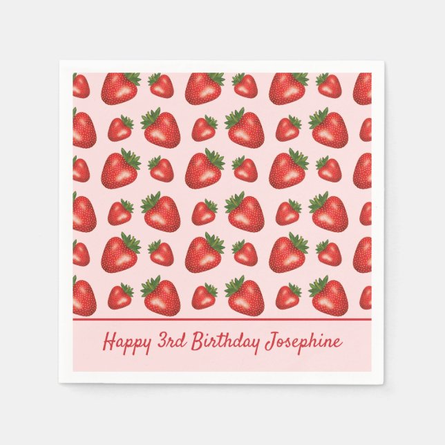 Erdbeere Fruchtmuster auf rosa Happy Birthday Serviette (Vorderseite)