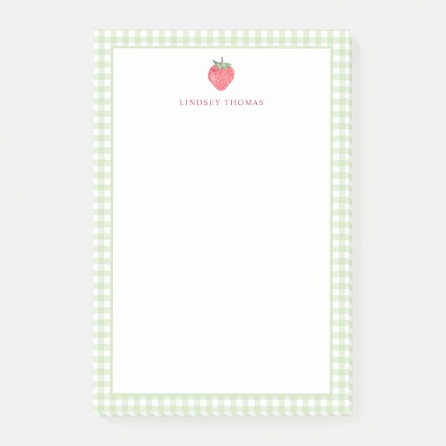 Erdbeere Grün Gingham-Rahmen Personalisiert Post-it Klebezettel (Vorderseite)