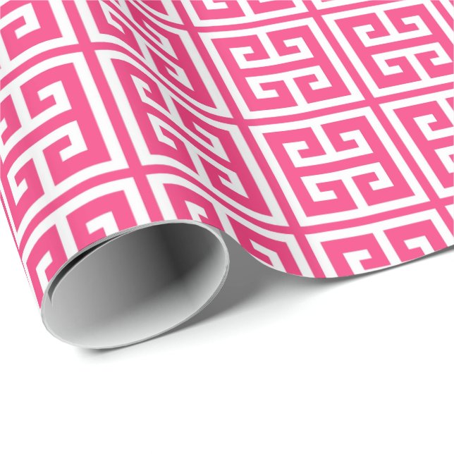 Erdbeere Hot Pink griechisches Schlüsselmuster Geschenkpapier (Rolleneckpunkt)