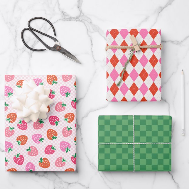 Erdbeere Karo & Raute Weihnachten Rosa Grün Geschenkpapier Set (Vorderseite)
