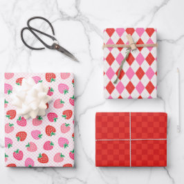 Erdbeere Karo & Raute Weihnachten Rosa Rot Geschenkpapier Set