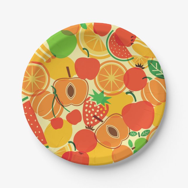 Erdbeere mit tropischem Obstsalat Pappteller (Vorderseite)