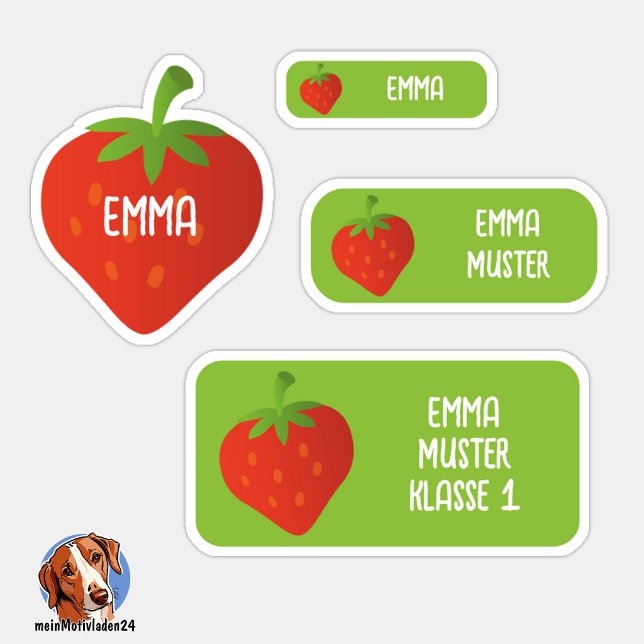 Erdbeere Namensaufkleber – 24er Set Aufkleber (24 verschiedene Namensaufkleber - Motiv: Erdbeere )