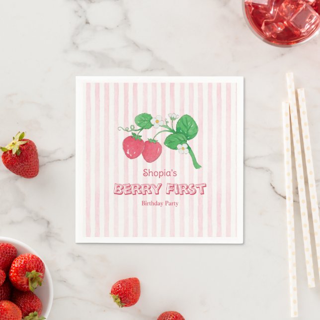 Erdbeere Pink Streifen Mädchen Beere Erster Geburt Serviette (Beispiel)