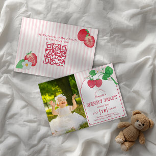 Erdbeere Pink Stripe Foto Berry 1. Geburtstag Einladung