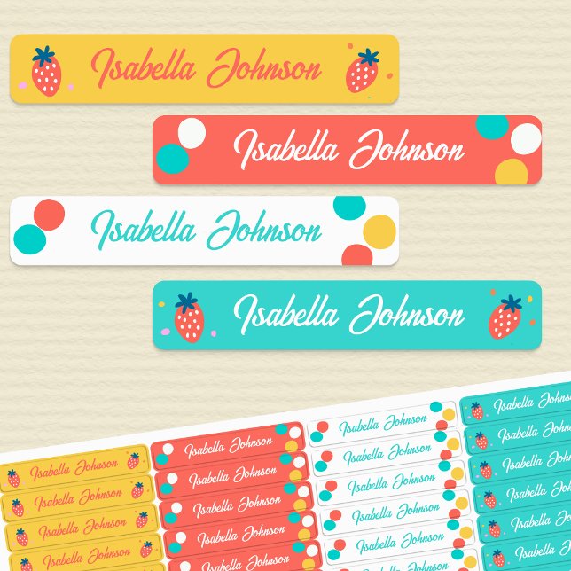 Erdbeere & Punkte Kinder Namensschild wasserfest Etiketten (Strawberry and Polka Dot bright colorful waterproof kids name labels)