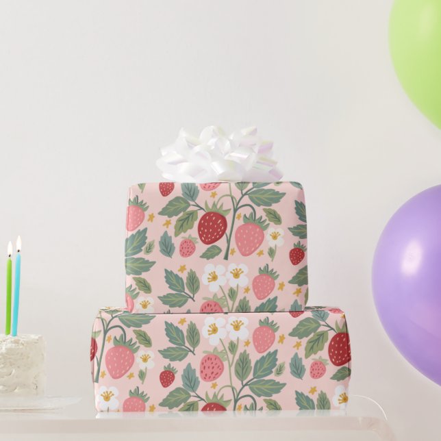 Erdbeere Rosa Botanisch Geschenkpapier (Partygeschenke)