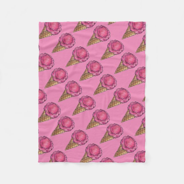 Erdbeere Rosa Eiscreme Waffelkone Feinschmecker Fleecedecke (Vorderseite)