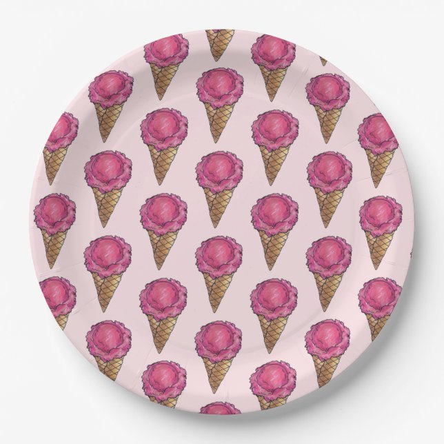 Erdbeere Rosa Eiscreme Waffelkone Feinschmecker Pappteller (Vorderseite)