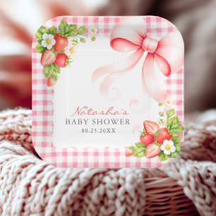Erdbeere Rosa Gingham Berry Sweet Baby Shower Pappteller