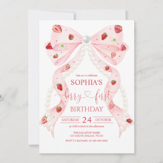 Erdbeere Rosa Schleife Perle 1. Geburtstag Einladung