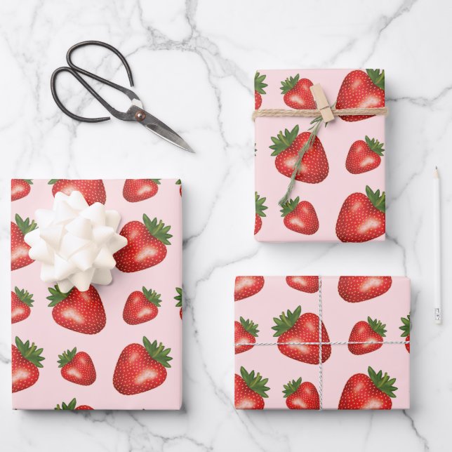 Erdbeere Sommerfruchtmuster auf Rosa Geschenkpapier Set (Vorderseite)