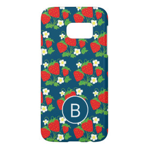 Erdbeere und Blume Blaues Muster Mit Monogramm