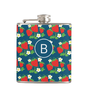Erdbeere und Blume Blaues Muster Monogramm Flachmann