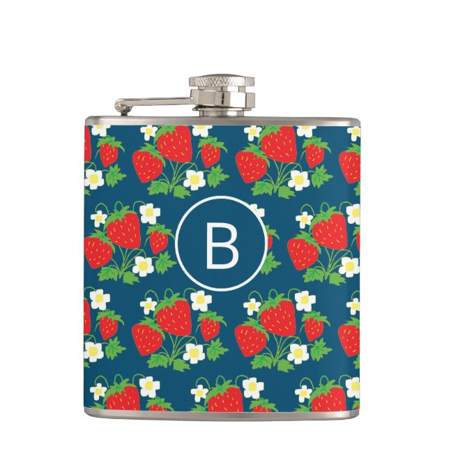 Erdbeere und Blume Blaues Muster Monogramm Flachmann (Vorderseite)