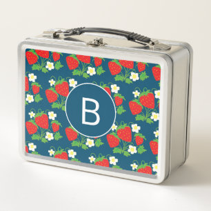 Erdbeere und Blume Blaues Muster Monogramm Metall Brotdose