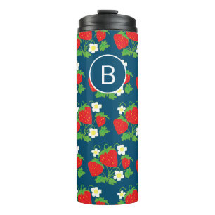 Erdbeere und Blume Blaues Muster Monogramm Thermosbecher