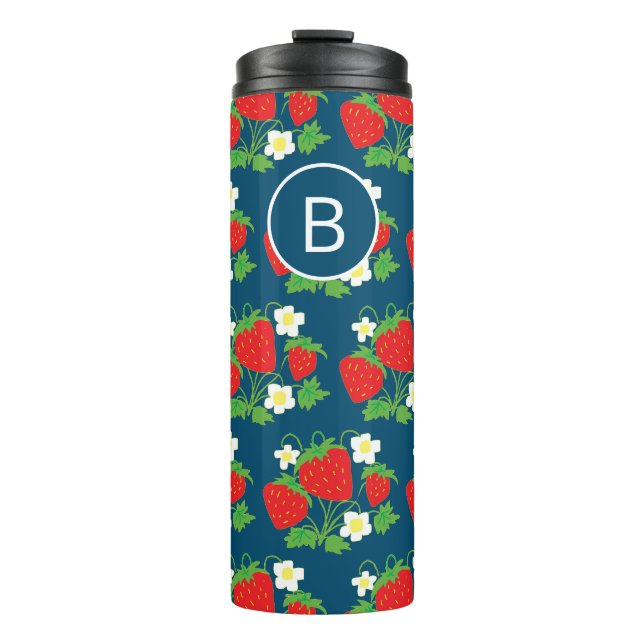 Erdbeere und Blume Blaues Muster Monogramm Thermosbecher (Vorderseite)