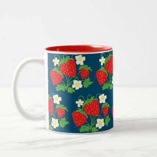 Erdbeere und Blume Blaues Muster Zwei-Tonen-Kaffee Zweifarbige Tasse