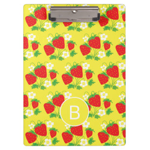Erdbeere und Blume Gelbes Muster Monogrammiert Klemmbrett