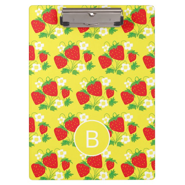 Erdbeere und Blume Gelbes Muster Monogrammiert Klemmbrett (Vorderseite)