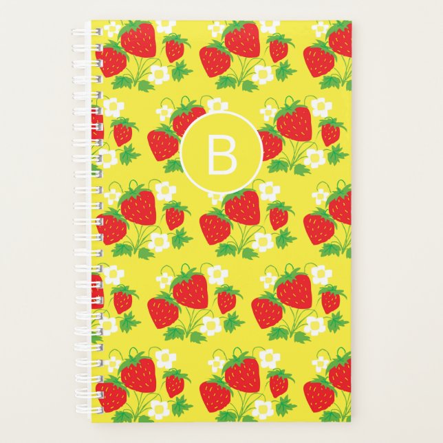 Erdbeere und Blume Gelbes Muster Monogrammiert Planer (Vorderseite)