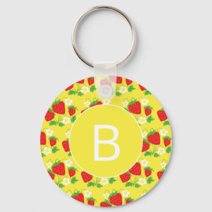 Erdbeere und Blume Gelbes Muster Monogrammiert Schlüsselanhänger