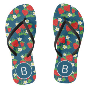 Erdbeere und Blumen Blaues Muster Monogrammiert Flip Flops