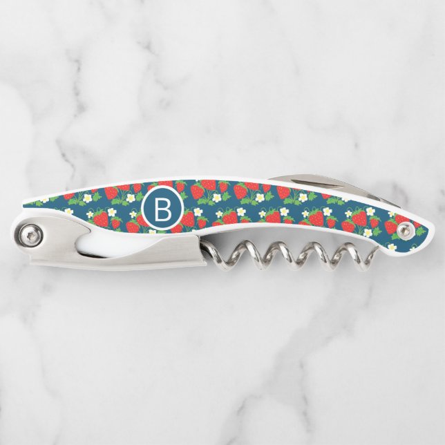 Erdbeere und Blumen Blaues Muster Monogrammiert Kellnermesser (Vorderseite)