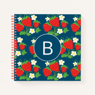 Erdbeere und Blumen Blaues Muster Monogrammiert Notizbuch