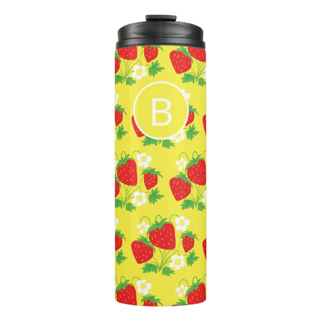 Erdbeere und Blumen Gelbes Muster Monogramm Thermosbecher (Vorderseite)
