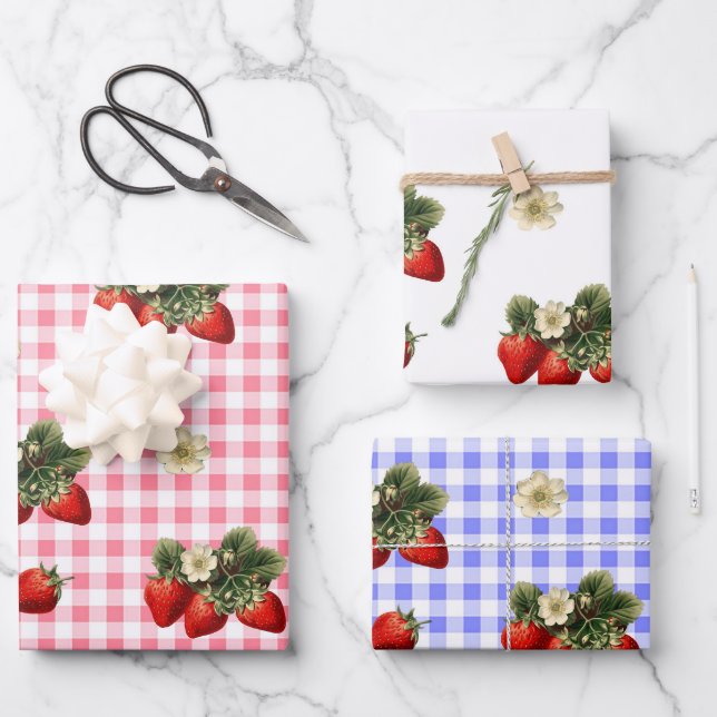 Erdbeere und Gingham niedliche Geschenkverpackunge Geschenkpapier Set (Vorderseite)