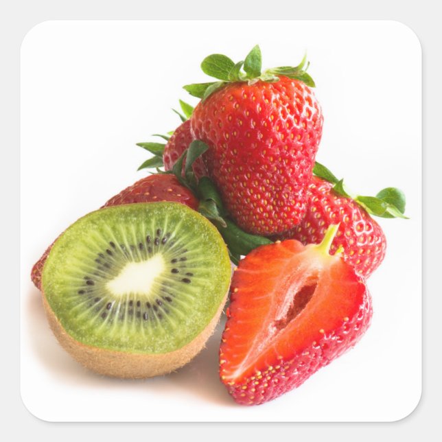Erdbeere und Kiwi Quadratischer Aufkleber (Vorderseite)