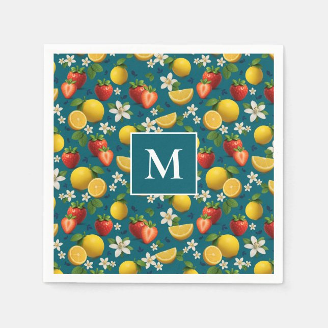 Erdbeere und Lemon Blossom Design auf blau Serviette (Vorderseite)