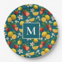 Erdbeere und Lemon Blossom Muster auf blau Pappteller