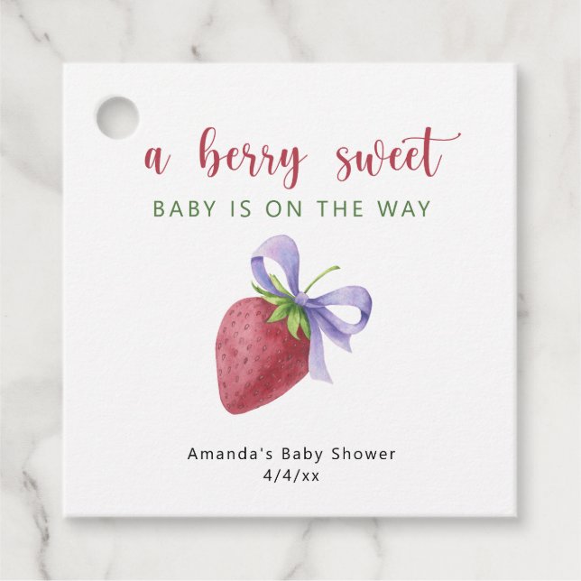 Erdbeere und lila Bugbrust Kinderdusche Geschenkanhänger (Vorderseite)