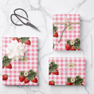 Erdbeere und niedliche Gingham-Geschenkblätter Geschenkpapier Set