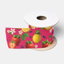 Erdbeere und Zitronenmuster mit Blüten Satinband