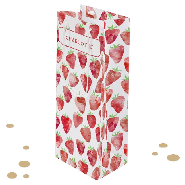 Erdbeere Wasserfarbe Personalisiert Geschenktüte Für Weinflaschen (Sweet strawberry watercolor pattern personalized name wine gift bag)